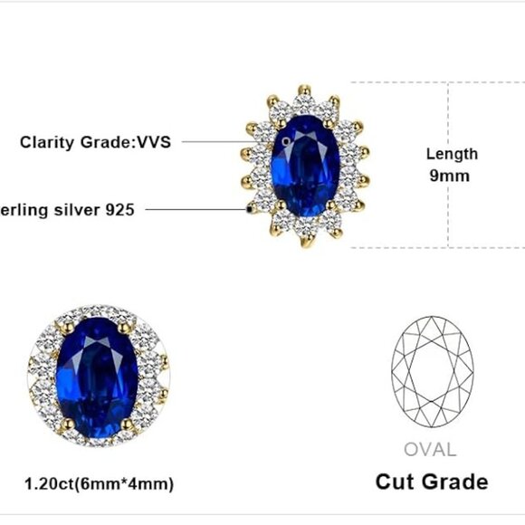 👑 Princess Diana 1.2ct Blue Sapphire Earrings - 14k Gold Plated - Picture 4 of 5